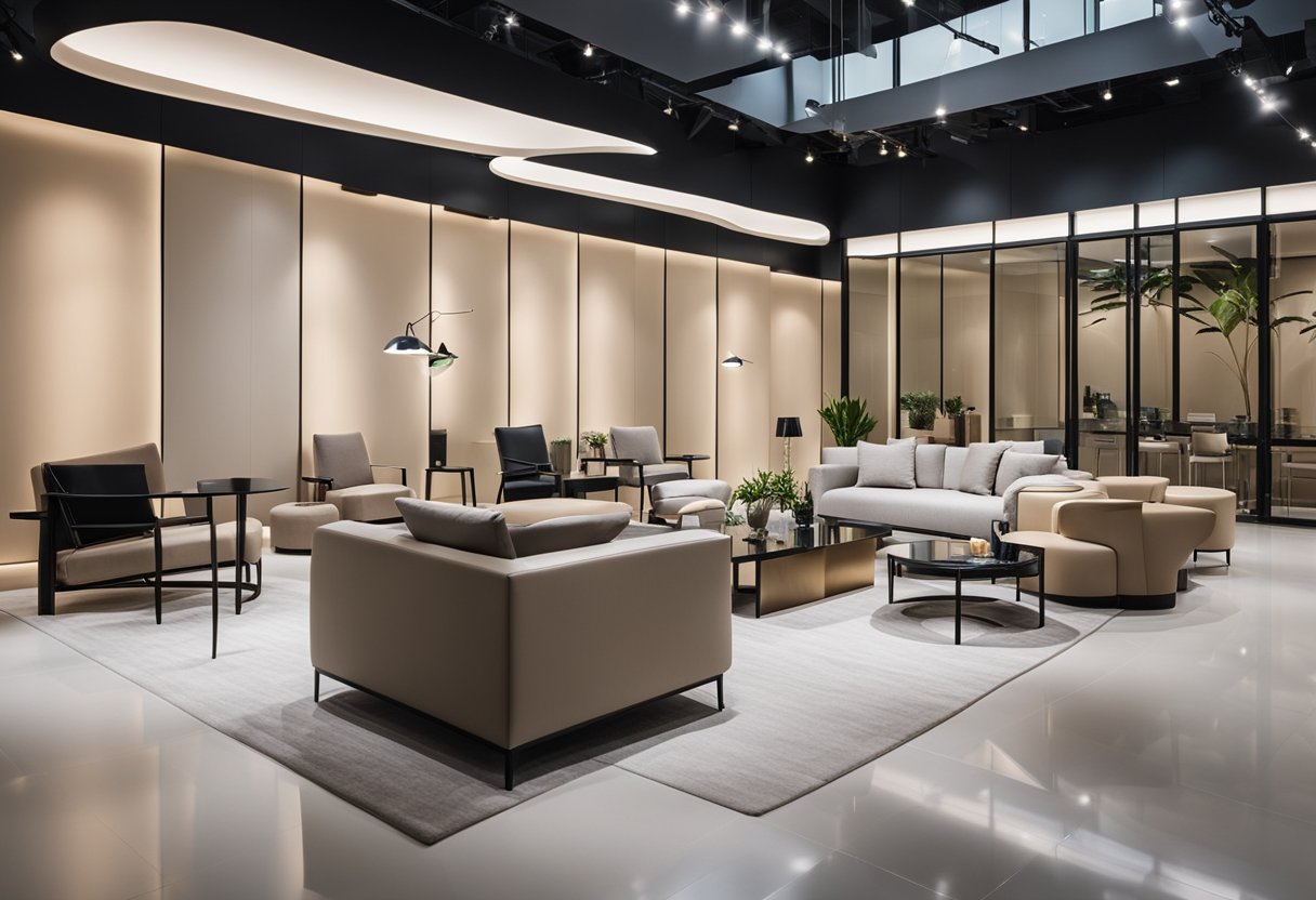 A showroom with sleek, minimalist furniture in Singapore. Clean lines, neutral colors, and innovative designs create a modern, sophisticated atmosphere