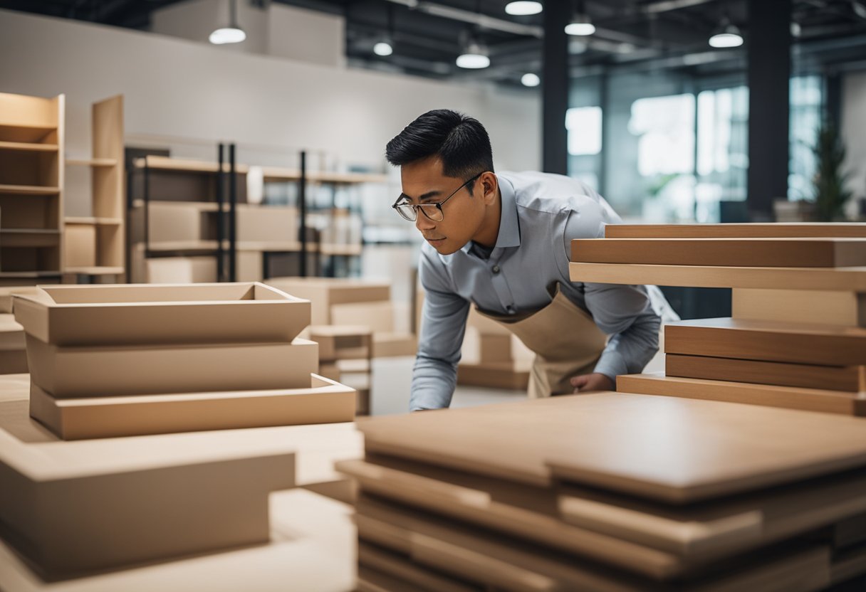 A customer carefully selects high-quality furniture pieces at a modern contemporary furniture supplier in Singapore