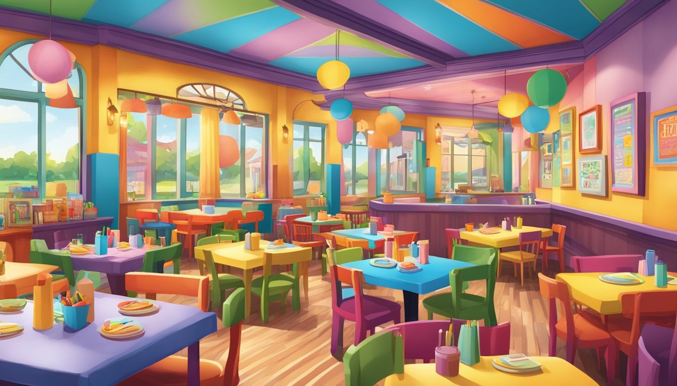 A colorful restaurant filled with happy families, bright decor, and a play area for kids. Tables are adorned with crayons and paper menus