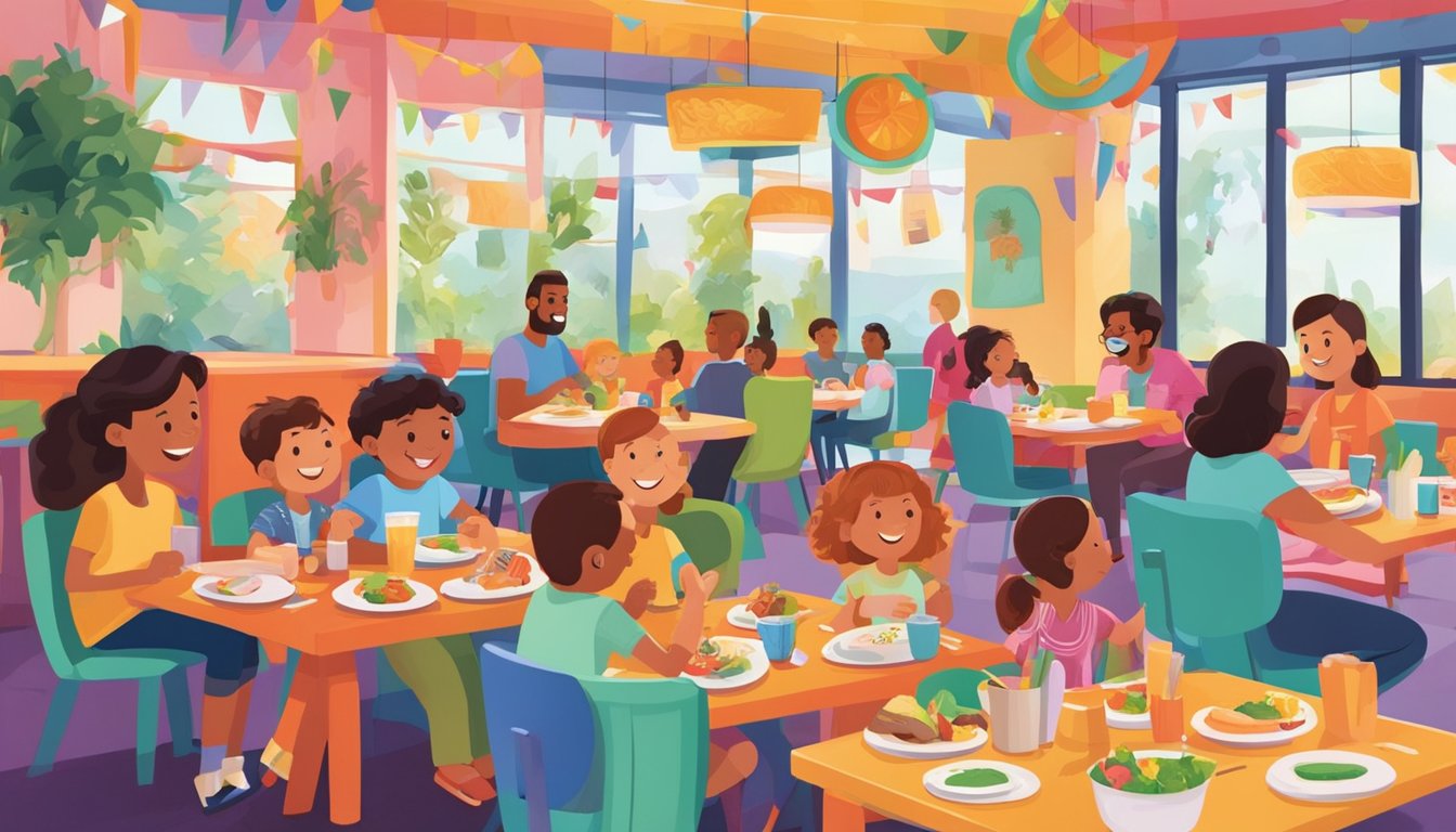 Families enjoying meals at colorful tables in a lively, kid-friendly restaurant with playful decor and a menu filled with child-friendly options