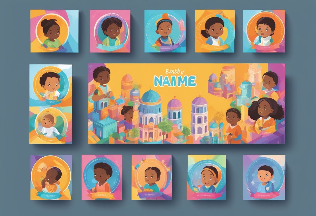 A diverse collection of baby names from different cultures and ethnicities displayed on colorful banners