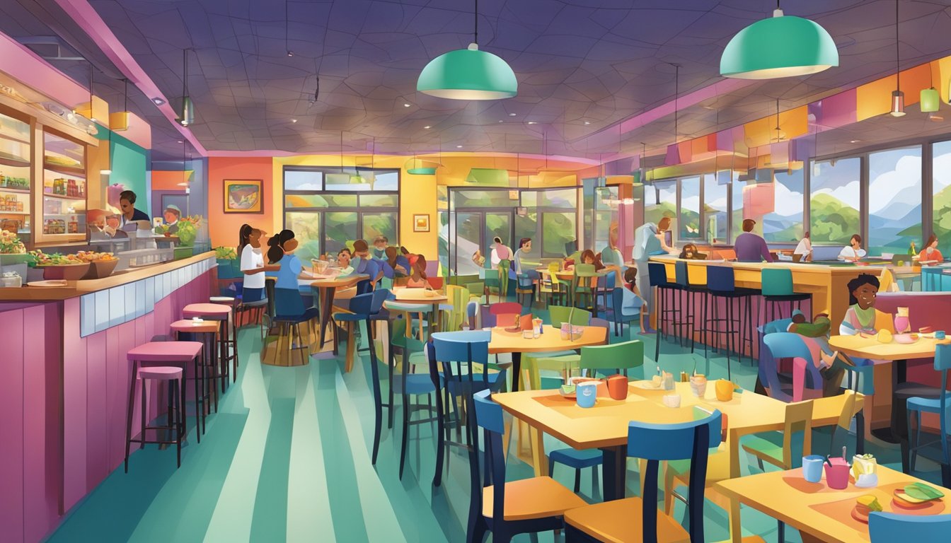 A bustling restaurant with colorful décor and a playful menu, featuring a designated play area for children and a variety of family-friendly dining options