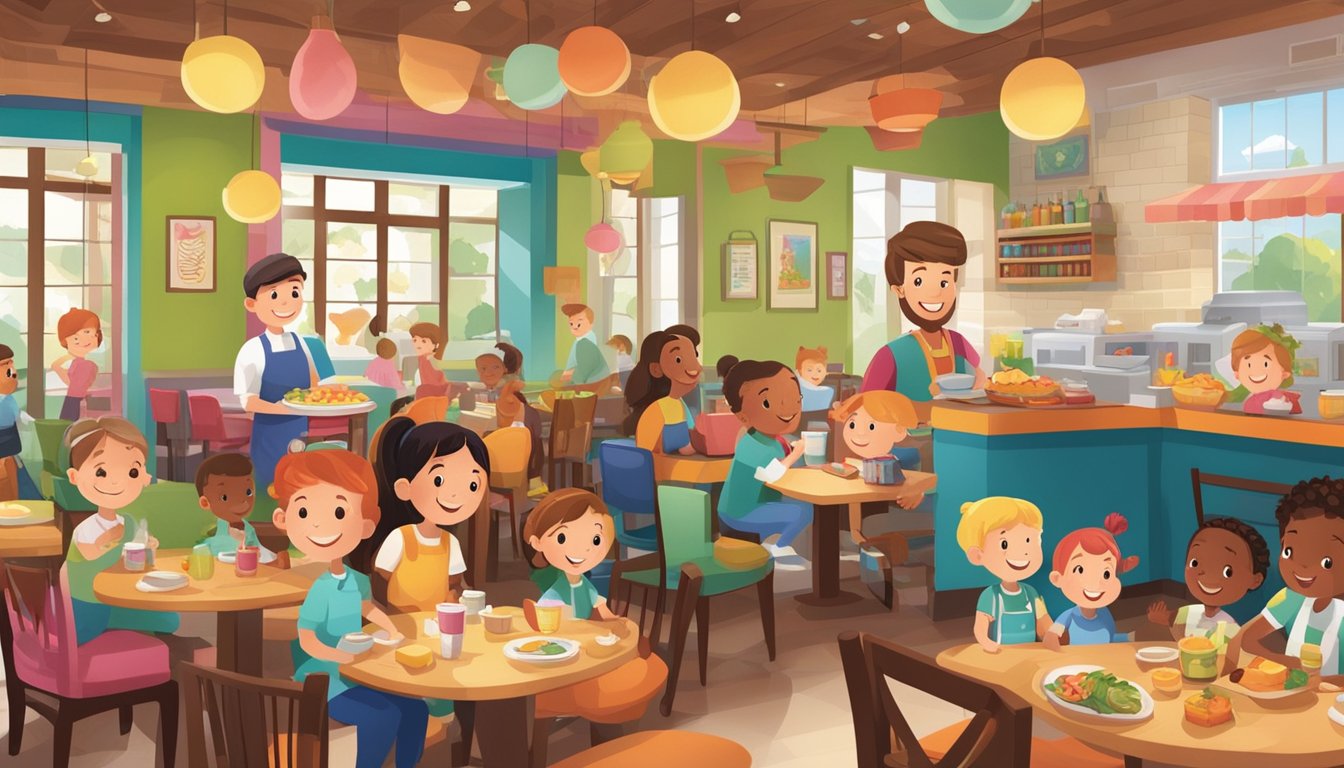 A colorful, bustling restaurant with smiling families, kid-friendly menus, and playful decor. Waitstaff happily assist parents with children's dining needs
