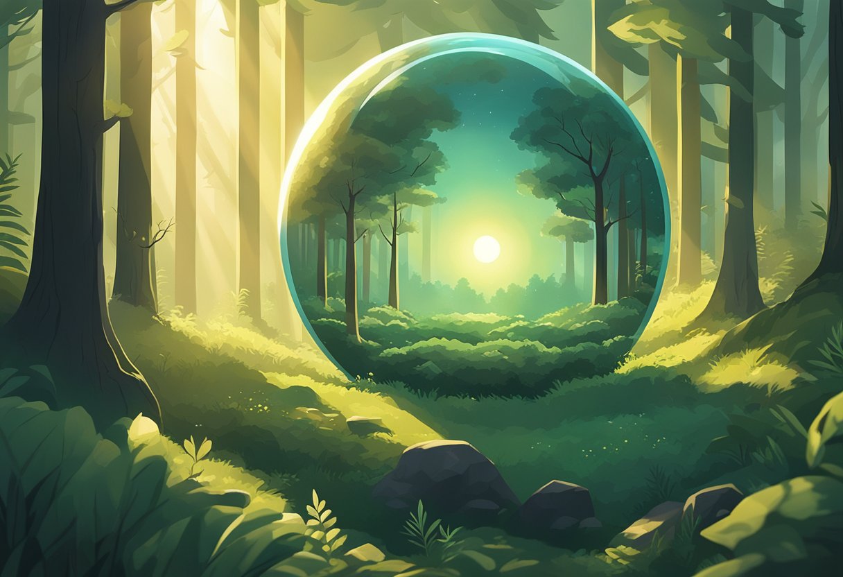 A glowing orb hovers above a tranquil forest clearing, casting a soft, ethereal light on the surrounding flora and fauna