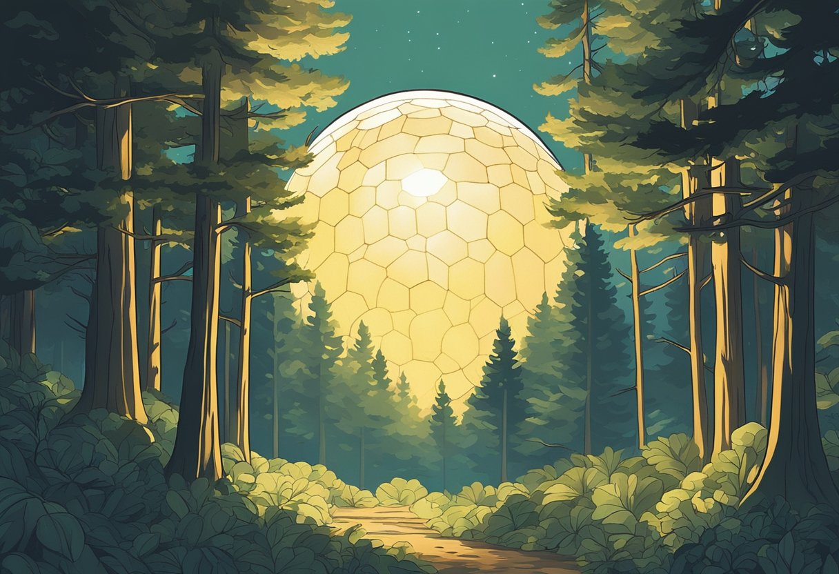 A glowing orb hovers above a tranquil forest, emitting a soft, ethereal light. The surrounding trees sway gently in the breeze, creating a sense of calm and wonder