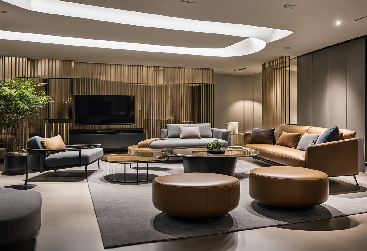 Molteni furniture displayed in a modern Singapore showroom. Clean lines, sleek designs, and elegant finishes