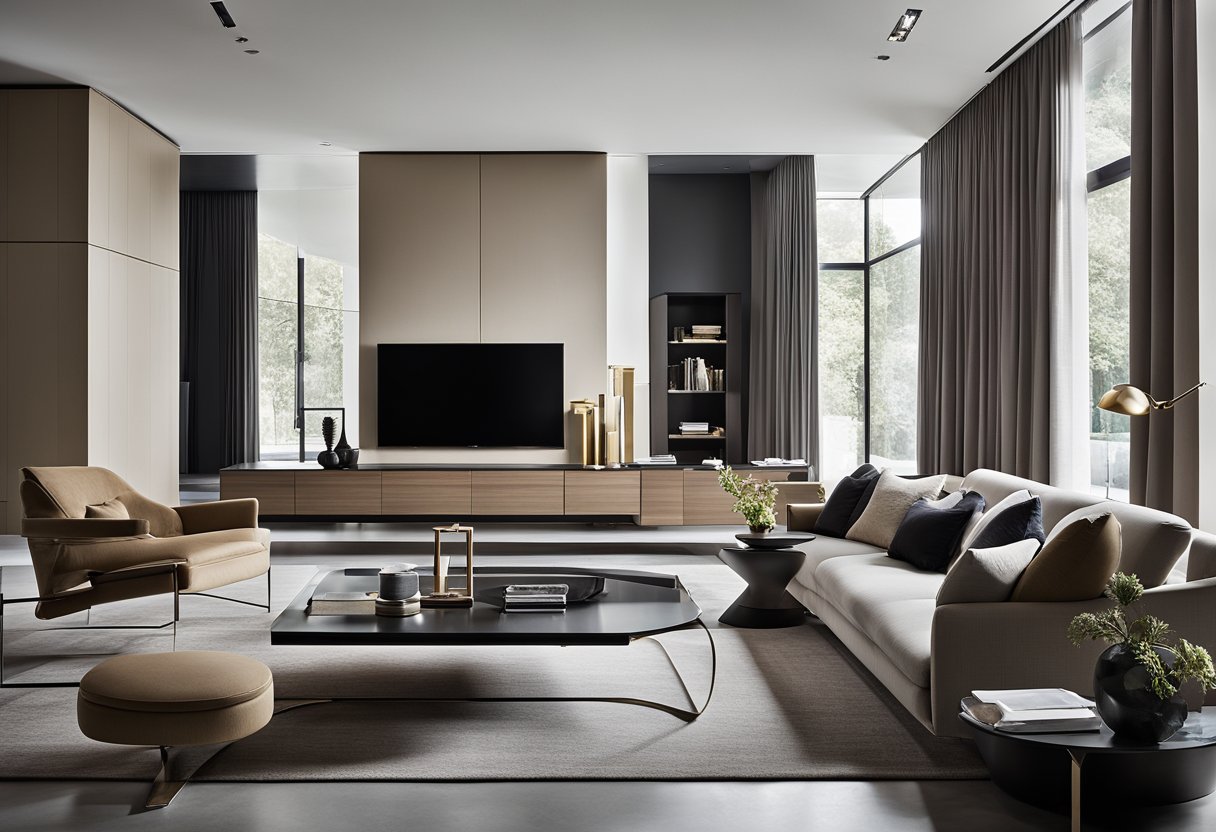 A modern living room with Molteni furniture, featuring sleek lines, luxurious materials, and a minimalist color palette. The space exudes sophistication and elegance, with a focus on clean, contemporary design
