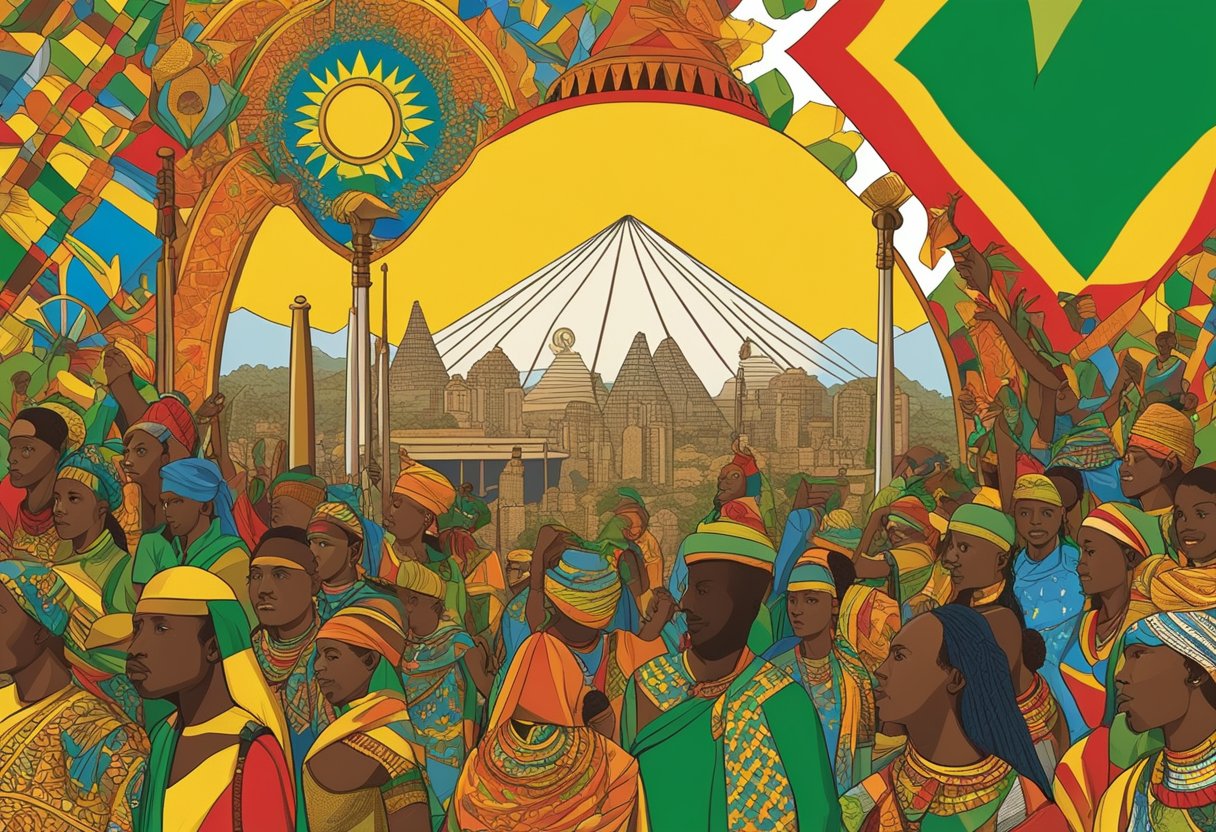 A colorful array of Ethiopian cultural symbols and patterns, such as the Ethiopian flag, traditional clothing, and iconic landmarks