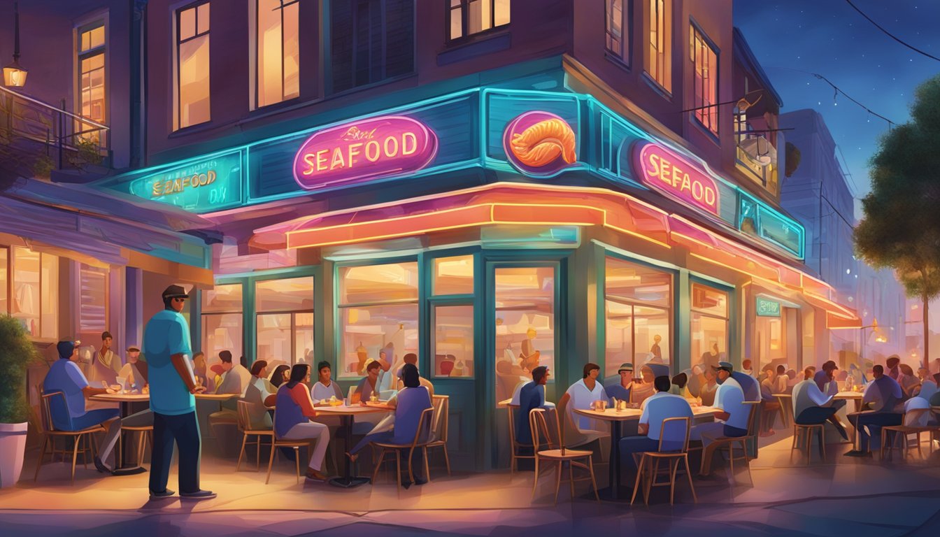 A bustling seafood restaurant with a bright neon sign, outdoor seating, and a lively atmosphere