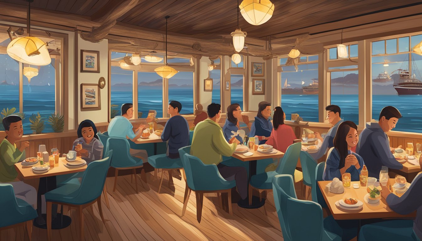 Customers enjoy fresh seafood dishes at New Lucky Seafood restaurant, surrounded by nautical decor and cozy, dim lighting