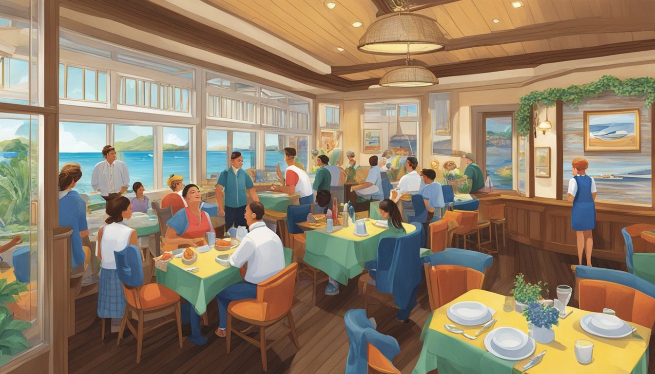 Customers entering New Lucky Seafood Restaurant, greeted by a vibrant, nautical-themed interior. A hostess stands at the entrance, seating guests. Waiters move gracefully between tables, delivering steaming plates of fresh seafood