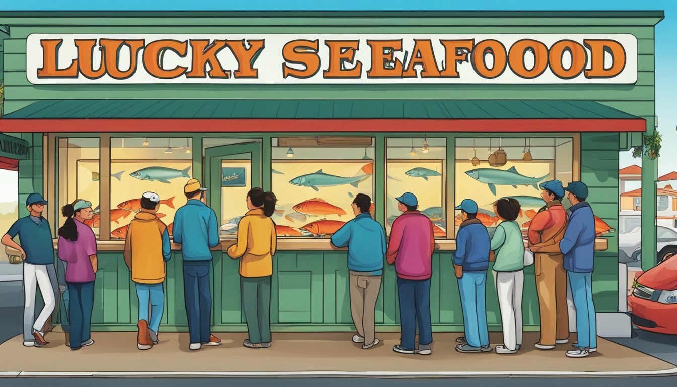 Customers line up outside the new Lucky Seafood Restaurant, eager to try the fresh catches and flavorful dishes. The vibrant sign and inviting entrance draw in passersby
