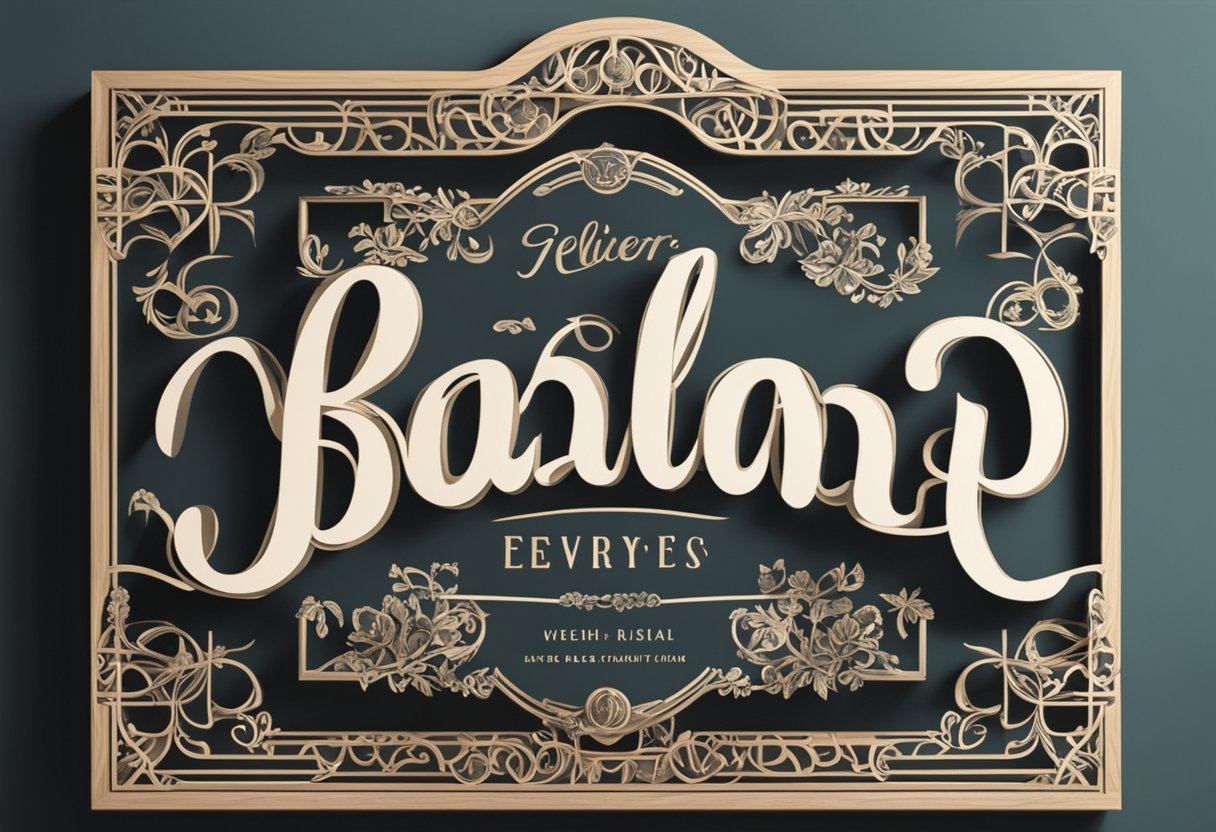A collection of baby names, including "Everly," displayed in elegant script on a decorative sign