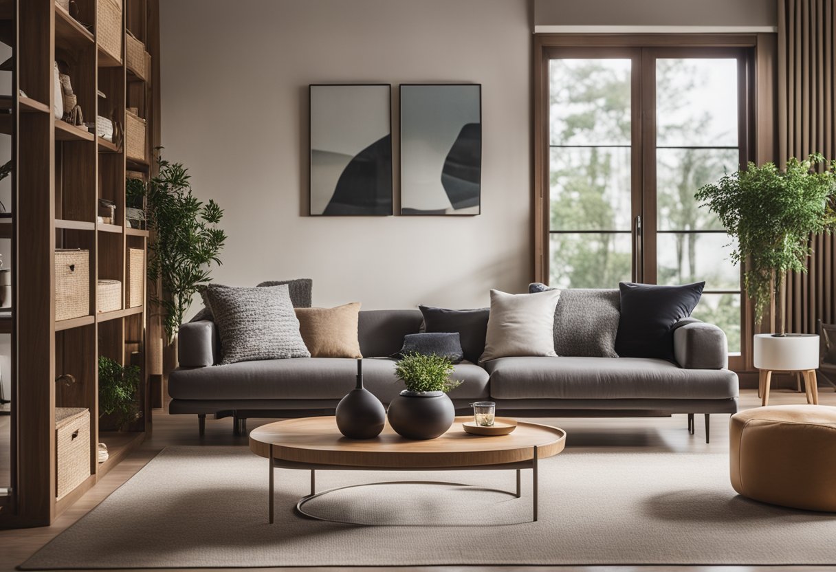 A cozy living room with Namu wood furniture, including a sleek coffee table, a comfortable sofa, and elegant shelves displaying decorative items