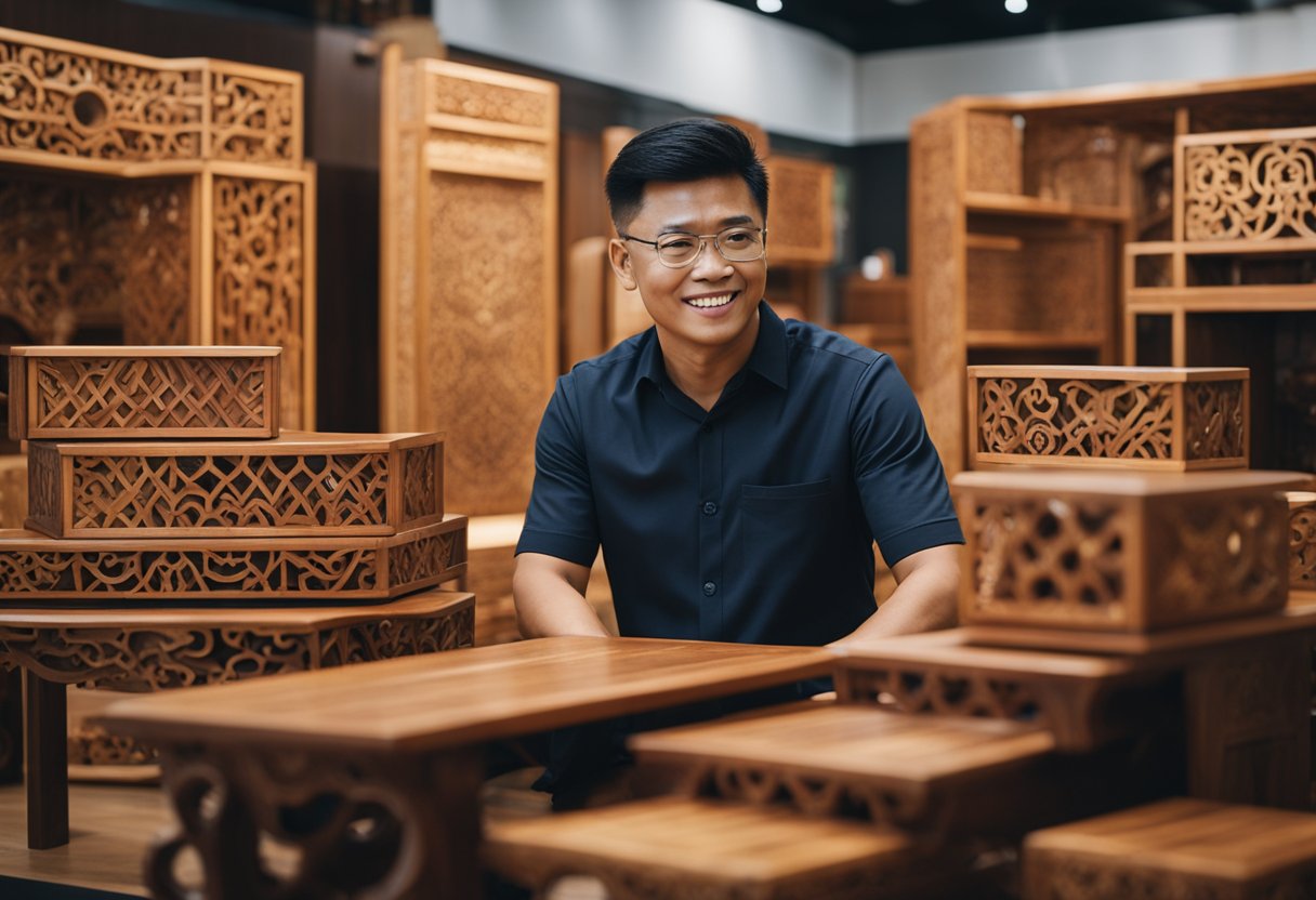 A customer admires the intricate designs of Namu Wood Furniture in Singapore, surrounded by elegant wooden pieces and intricate craftsmanship