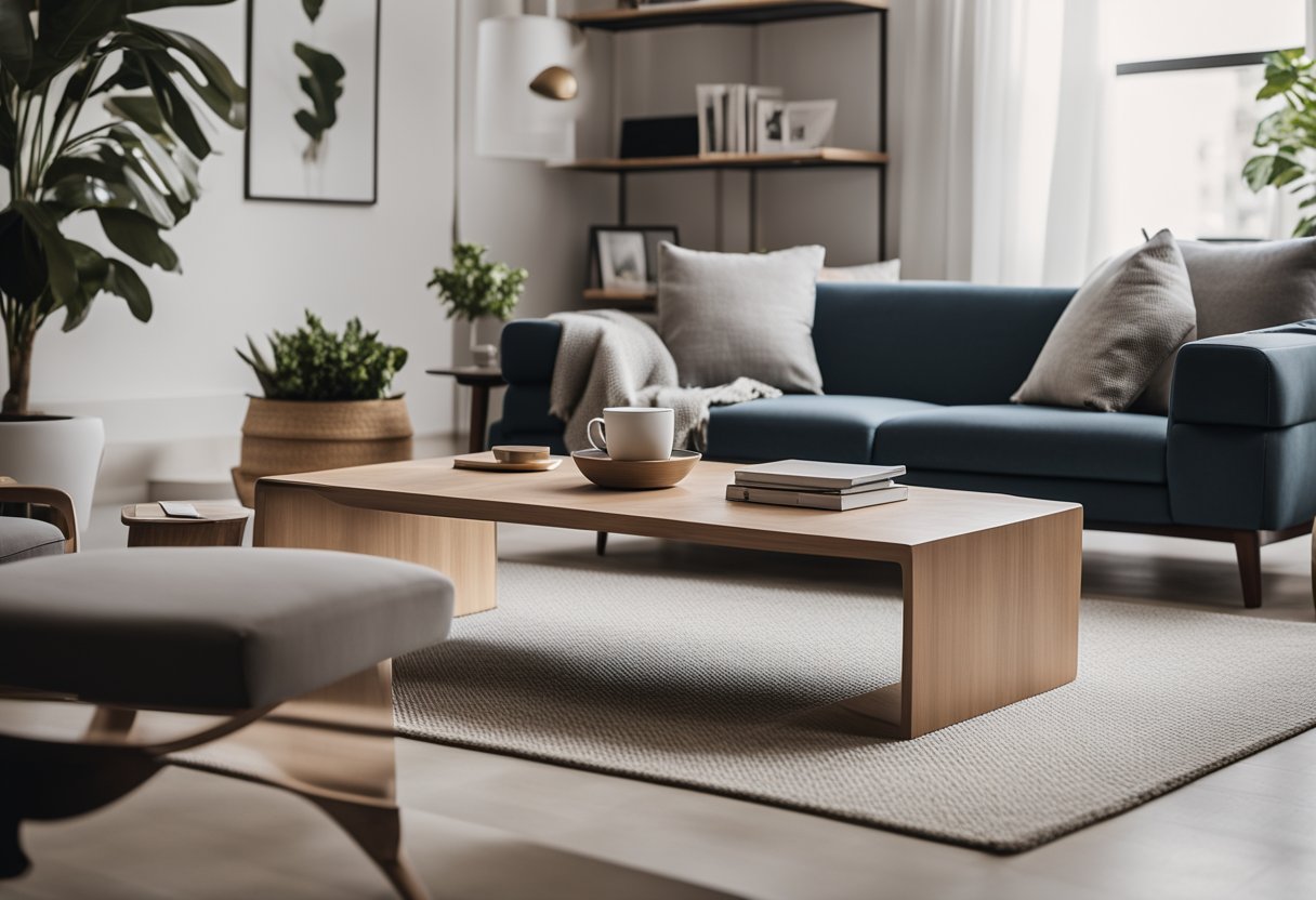 A cozy living room with a modern, minimalist design. A sleek wooden coffee table and a set of matching chairs are the focal point, with a stack of brochures and a laptop nearby
