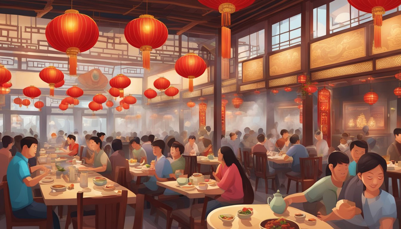 A bustling Chinese restaurant with red lanterns and ornate decor. Steam rises from sizzling woks as diners enjoy traditional dishes