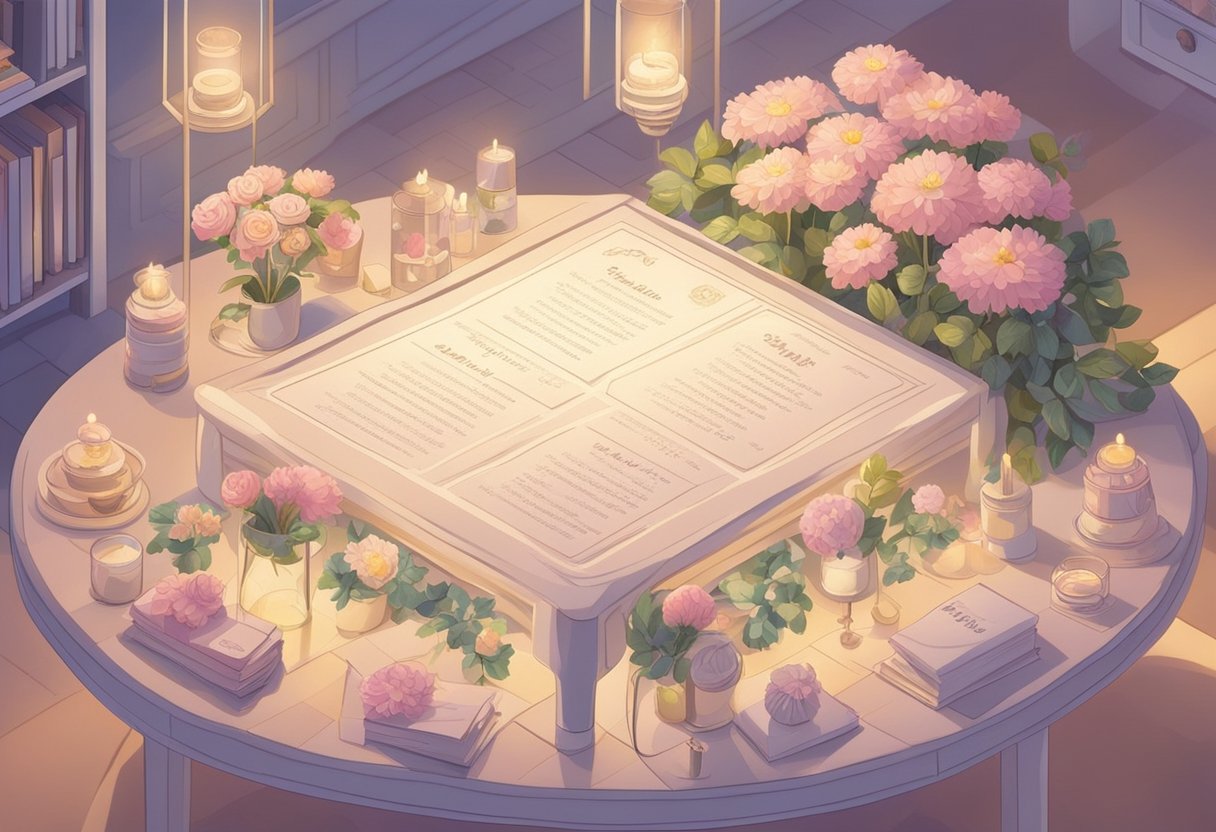 A table with a list of baby girl names, surrounded by flowers and a soft, warm light
