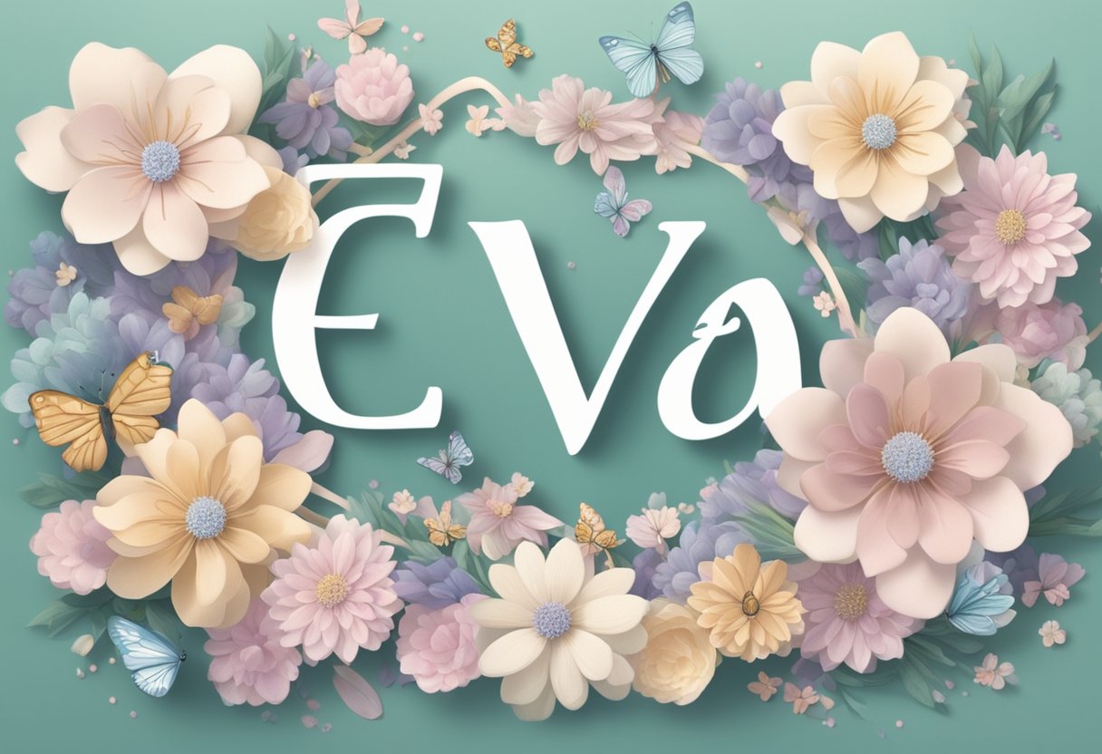 A baby girl's name, "Eva," displayed in elegant script surrounded by soft, pastel-colored flowers and butterflies