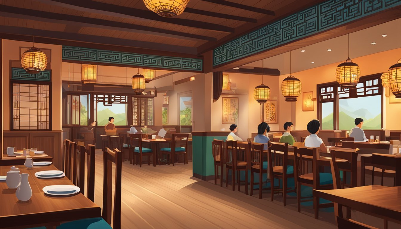 The Chinese restaurant is filled with warm lighting and traditional decor, creating a cozy and inviting atmosphere for diners