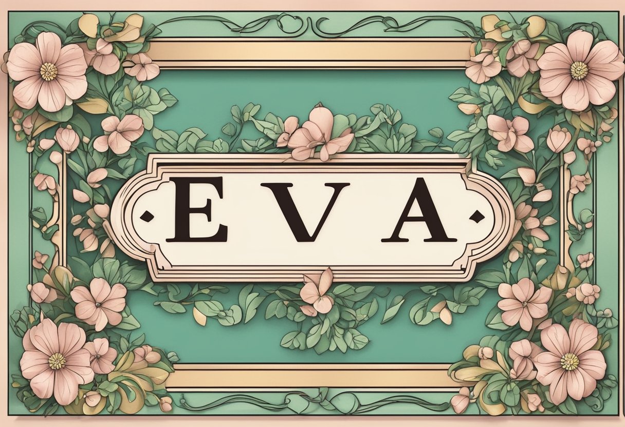 A baby girl's name "Eva" displayed on a decorative sign with flowers and butterflies surrounding it