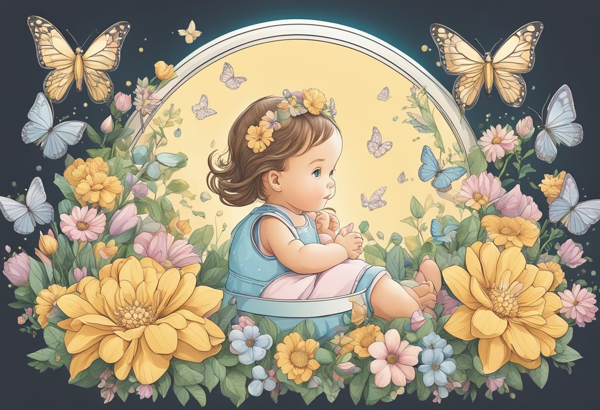 A baby girl's name surrounded by flowers, butterflies, and a shining sun