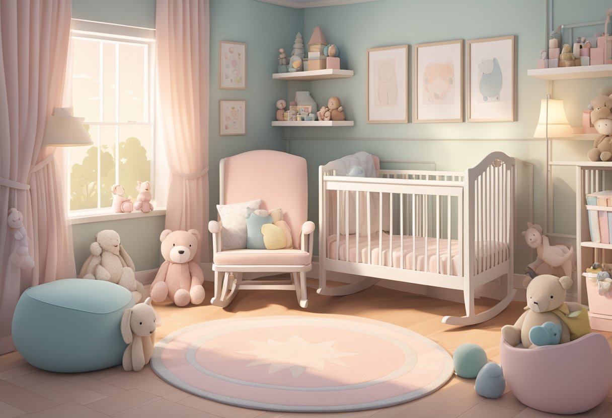 A nursery with soft pastel colors, a cozy rocking chair, and shelves filled with baby books and toys
