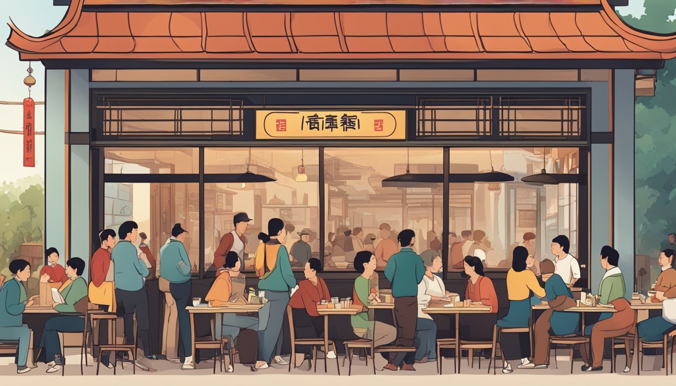 A bustling Chinese restaurant with a sign reading "Frequently Asked Questions" and a line of hungry customers waiting outside