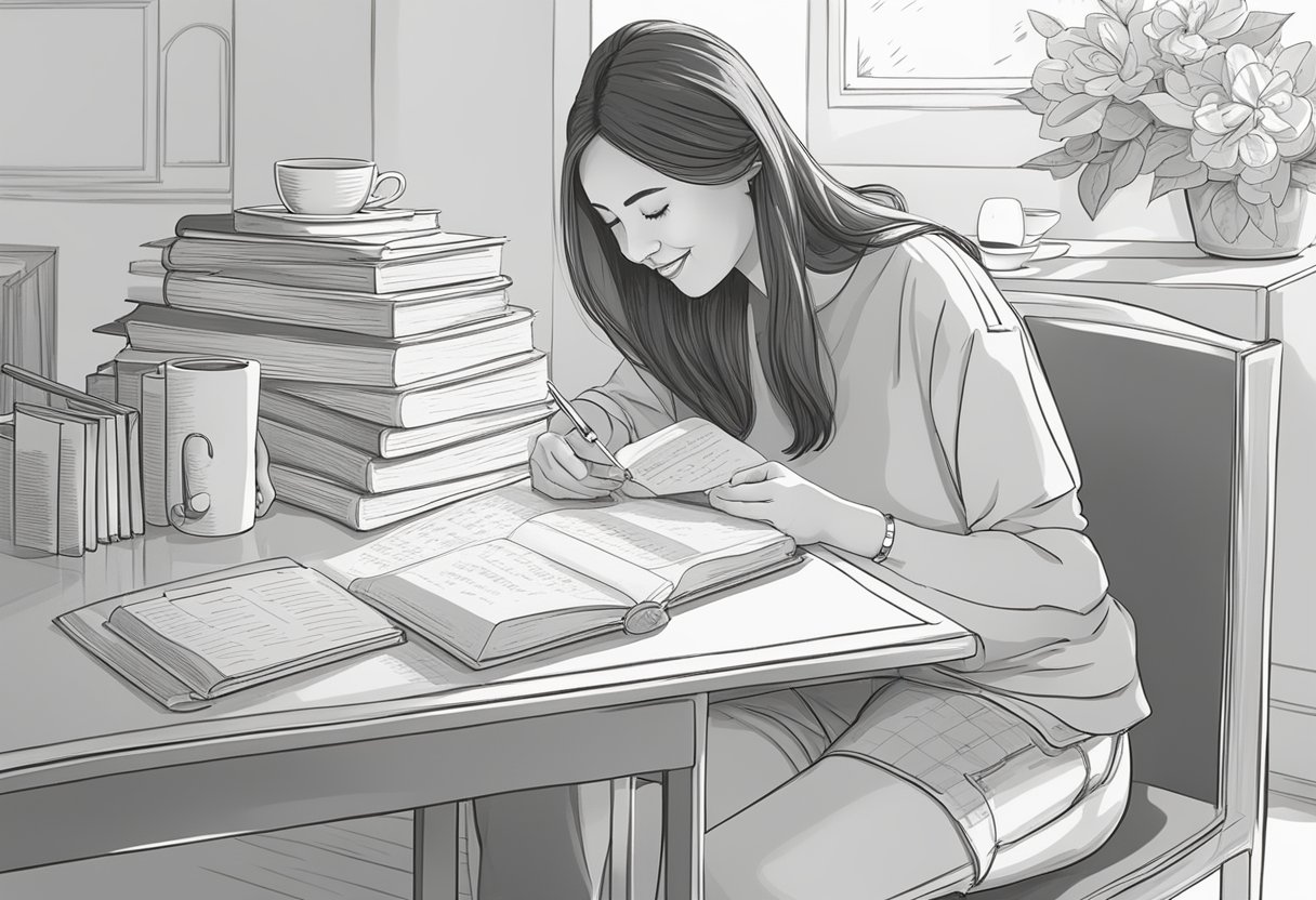 A table with a notebook, pen, and a list of baby girl names. A smiling woman sits, surrounded by baby name books and a cup of tea