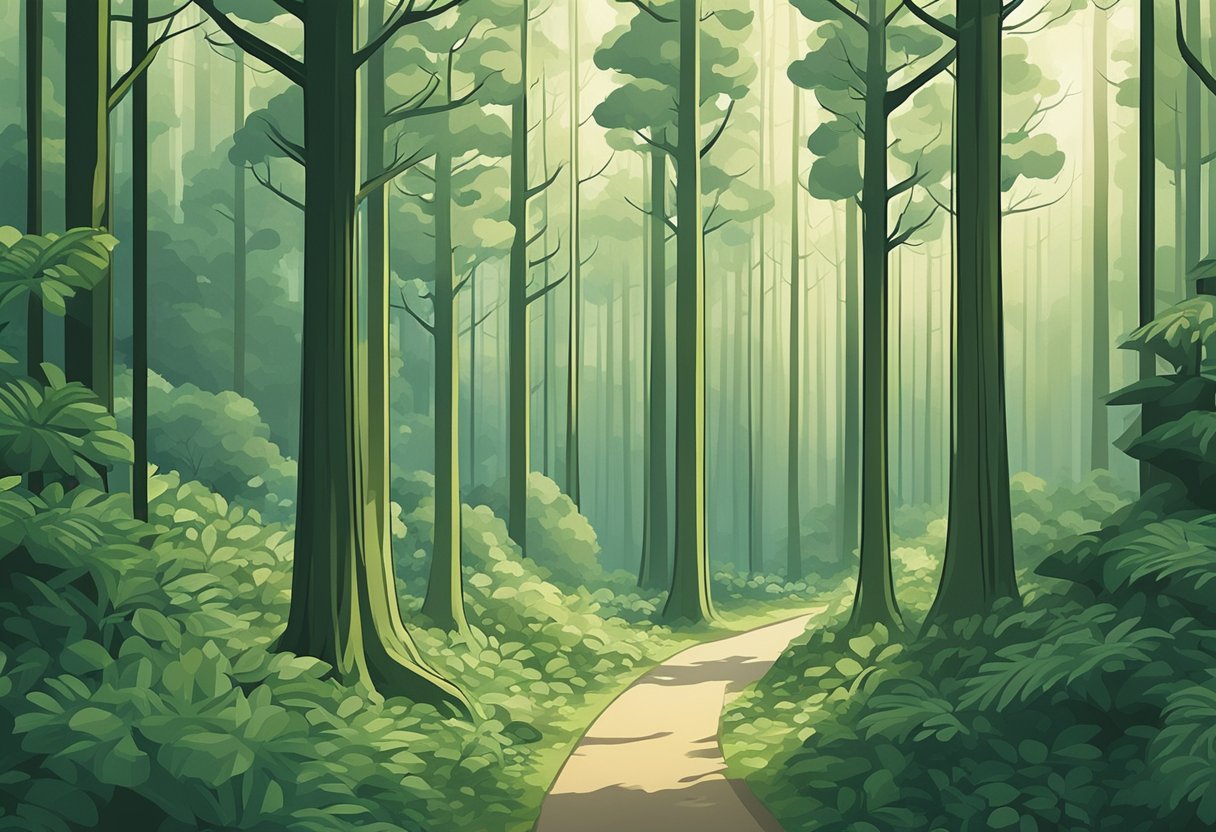 A serene forest with tall, lush trees and a gentle breeze, showcasing the timeless beauty of nature and the enduring quality of evergreen baby names