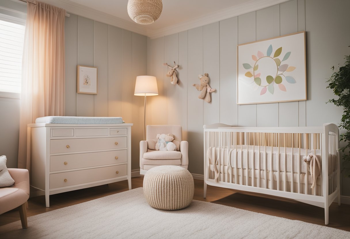 A cozy nursery with a crib, changing table, and rocking chair. Soft lighting and pastel colors create a warm and inviting atmosphere