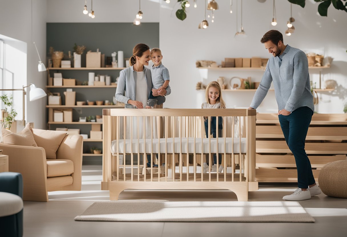 A couple carefully selects nursery furniture in a bright, airy showroom