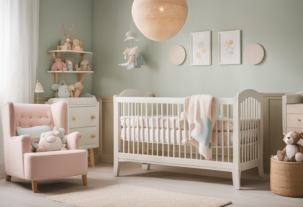 A cozy nursery with a crib, changing table, and rocking chair. Soft pastel colors and cute animal-themed decor complete the scene
