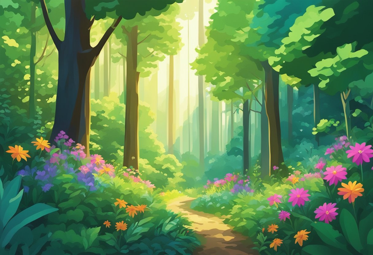 Lush forest with sunlight filtering through tall trees, surrounded by vibrant green foliage and colorful flowers