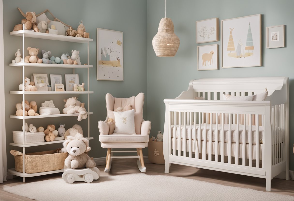 A cozy nursery with a crib, changing table, and rocking chair. Soft pastel colors and cute animal-themed decor. A shelf filled with baby books and toys