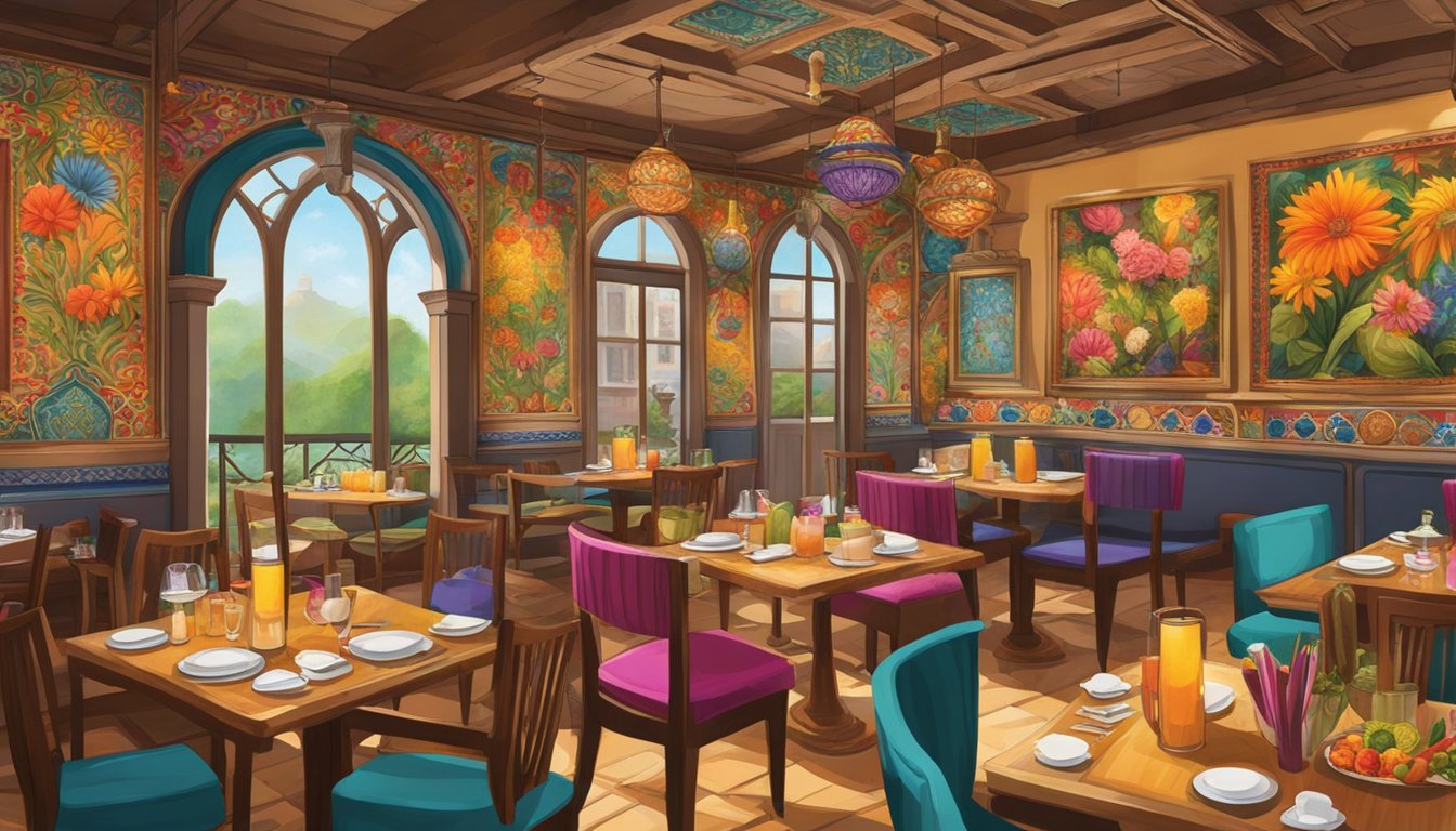 The bustling restaurant is filled with the aroma of spices and sizzling food. Tables are adorned with colorful tablecloths and vibrant flowers, while the walls are adorned with traditional artwork and tapestries