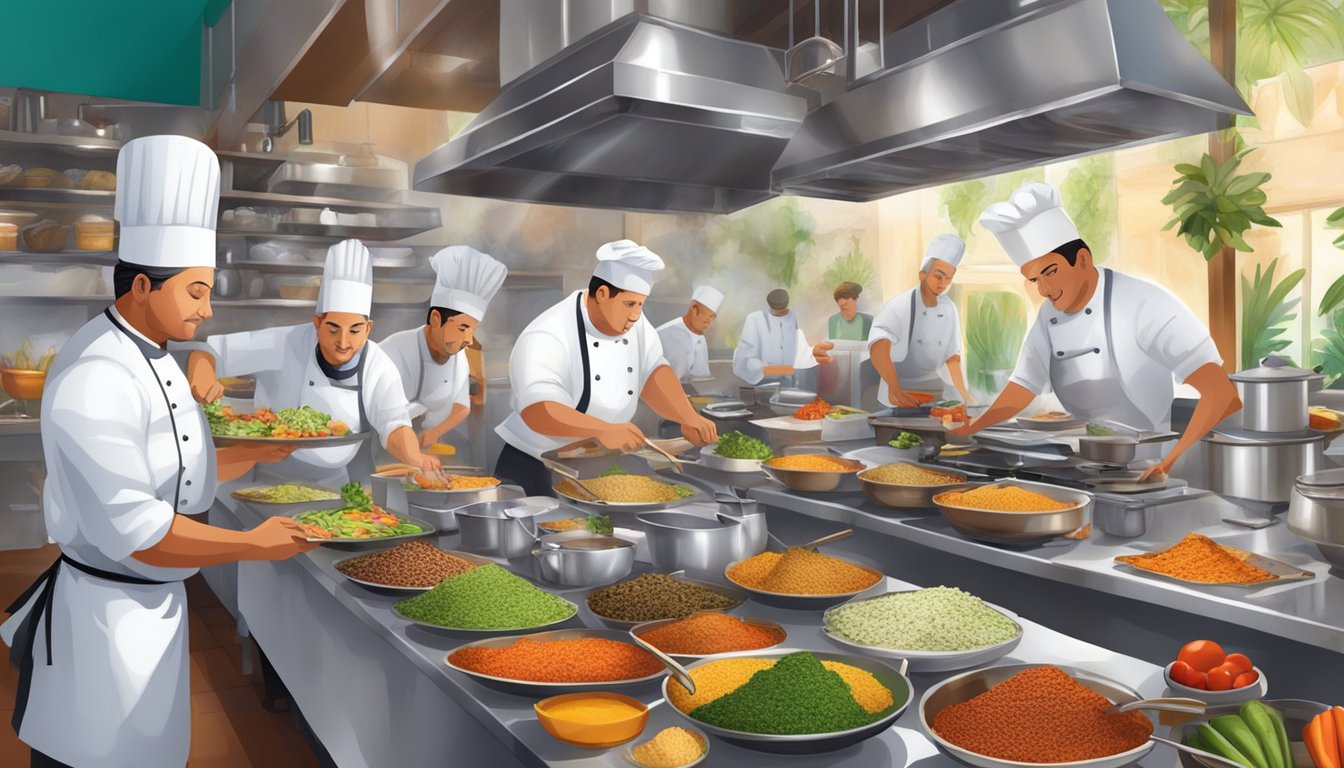 A bustling kitchen with chefs preparing exotic dishes, while aromatic spices fill the air. Tables are set with colorful plates and vibrant decor