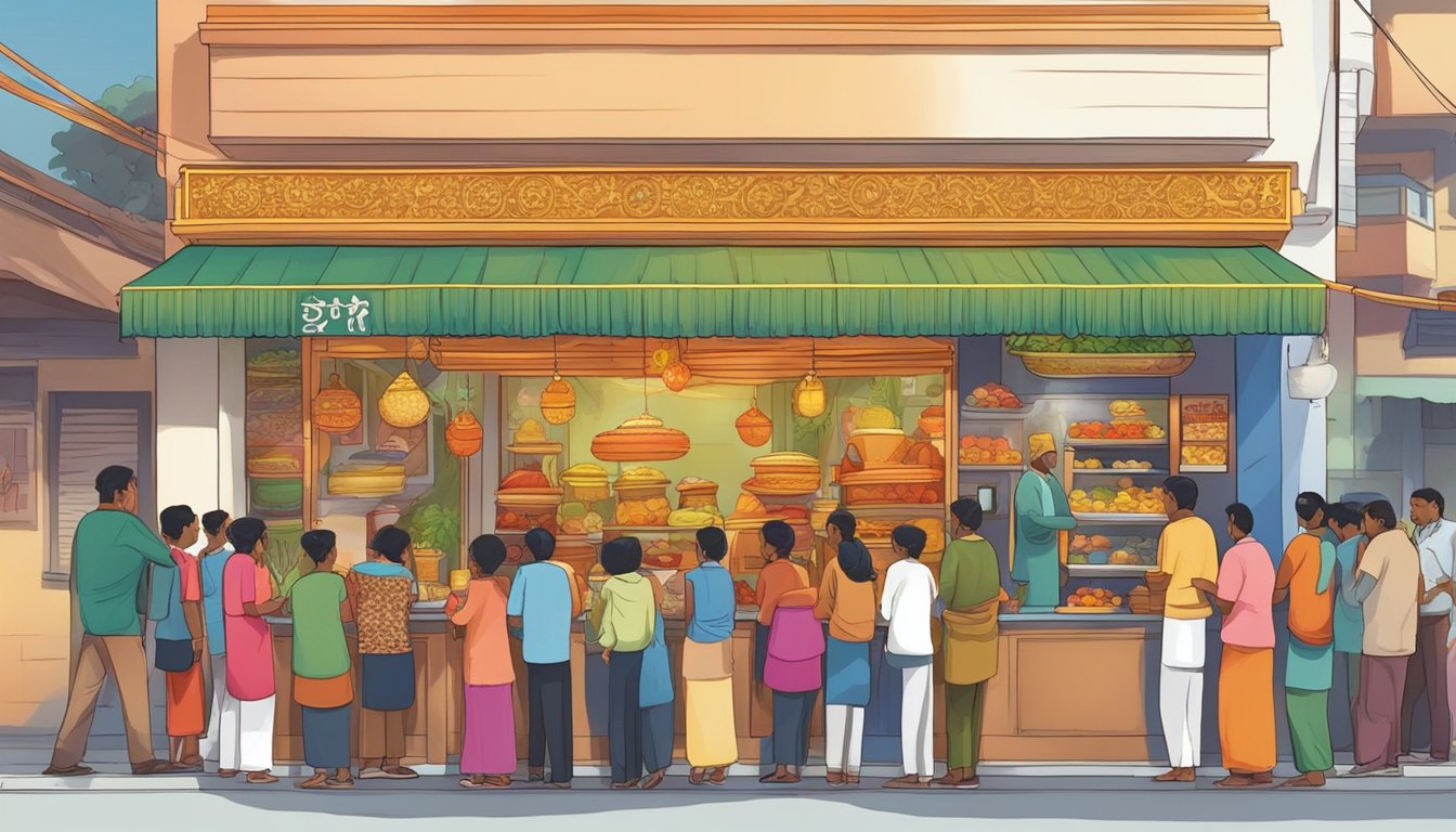 Customers line up outside sakunthala's restaurant, eagerly awaiting their turn to enter. The aroma of spices and sizzling dishes fills the air, while colorful signs and decorations adorn the exterior