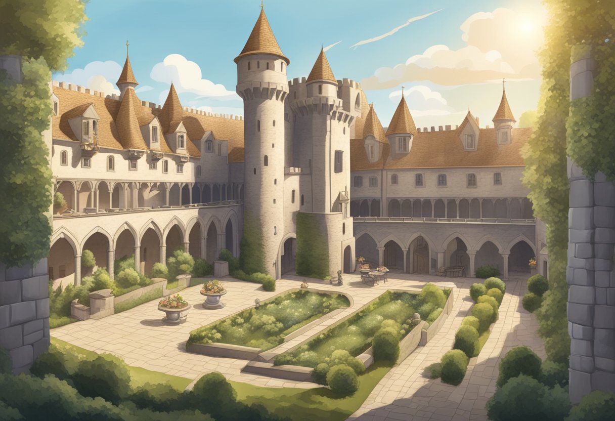 A castle courtyard with a scroll listing medieval baby names