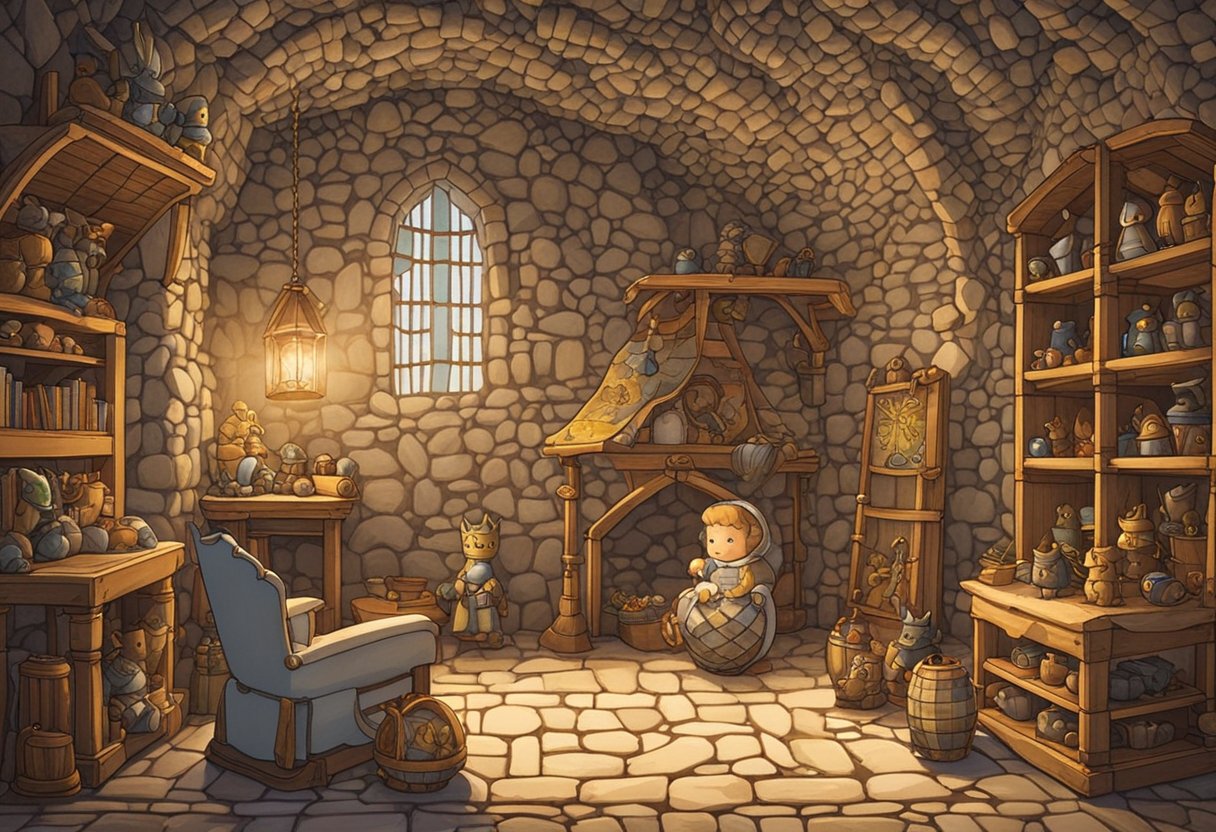 A medieval-themed baby nursery with stone walls, wooden cribs, and tapestries depicting knights and dragons. A small table holds antique baby toys and books