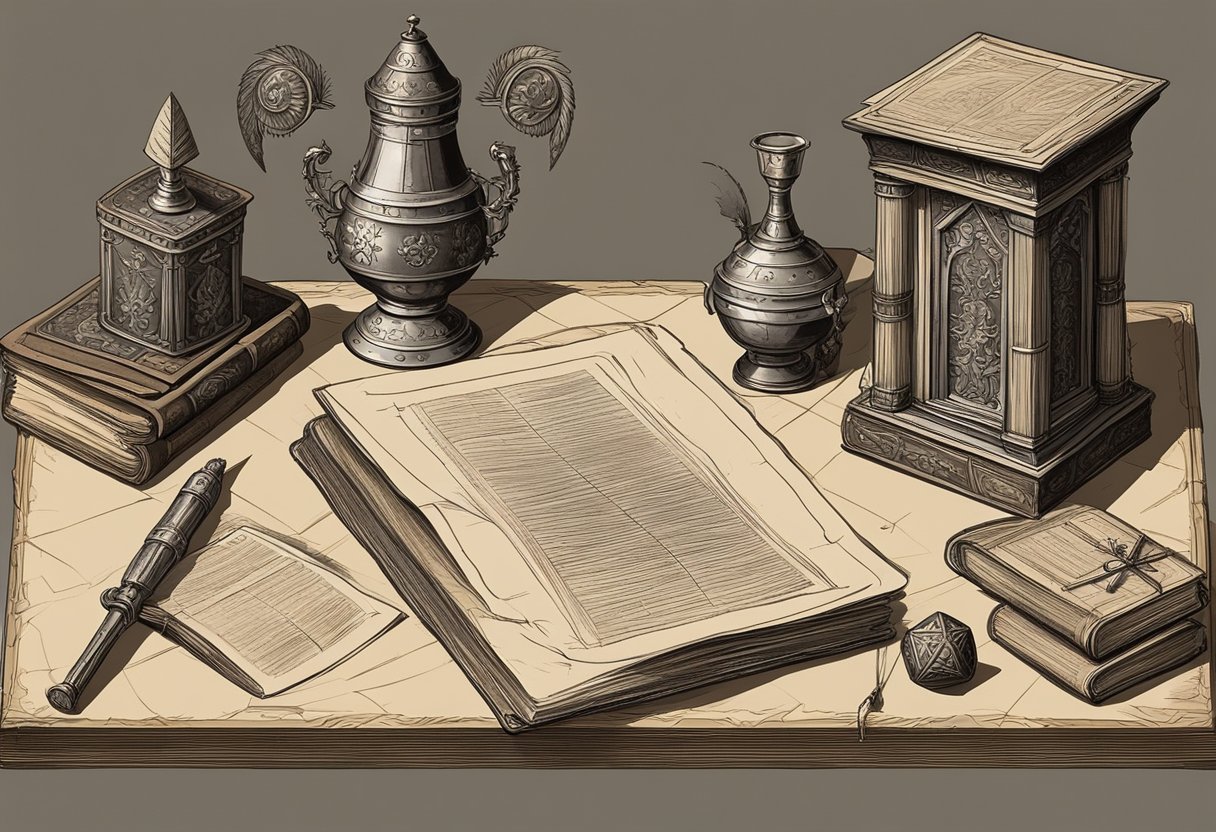A medieval-themed table with a parchment, quill, and ink. Surrounding it are old books, a suit of armor, and a goblet