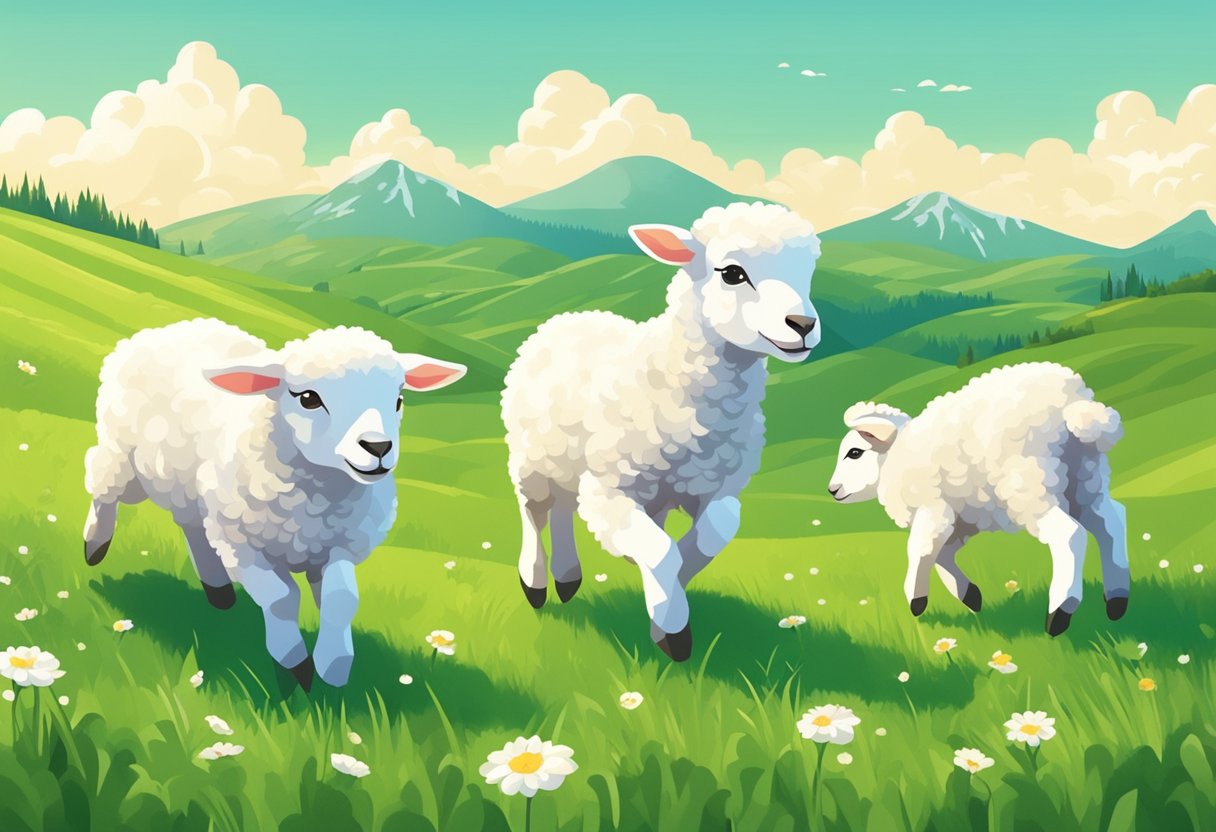 A group of adorable lambs frolicking in a lush green meadow, with their fluffy white coats bouncing in the sunlight
