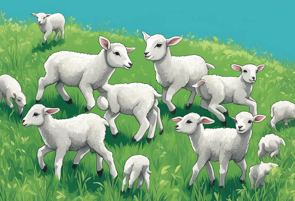 A flock of adorable lambs frolicking in a lush green meadow, with a clear blue sky overhead