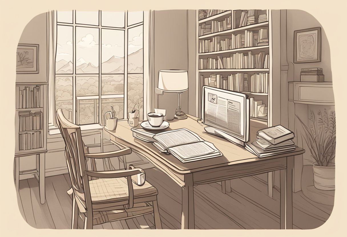 A cozy, sunlit room with a desk covered in baby name books and a laptop open to a website titled "Ewe Baby Names." A cup of tea steams on the desk