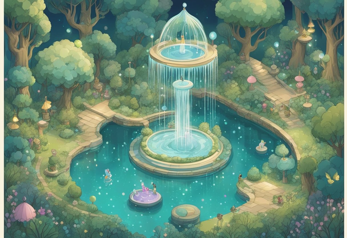 A magical forest with floating baby name bubbles and fairytale characters dancing around a sparkling fountain