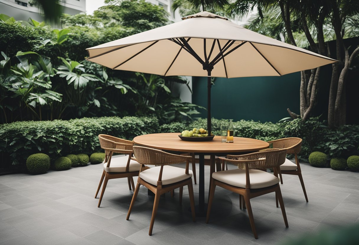 A cozy outdoor dining set in Singapore, with a sleek table and comfortable chairs, surrounded by lush greenery and under the shade of a parasol