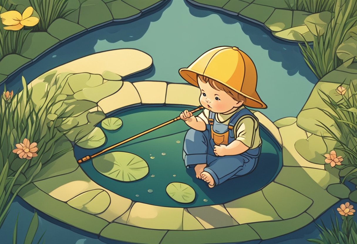 A baby named fishing by a tranquil pond, holding a tiny fishing rod with a cute, determined expression. The sun is setting, casting a warm glow over the scene
