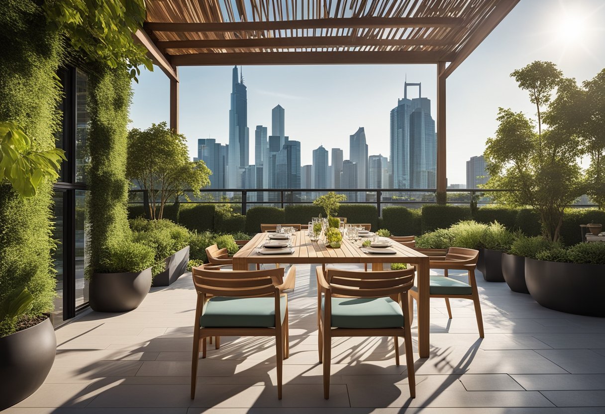 A sunny outdoor patio with various styles of dining furniture, including sleek modern designs and traditional wooden sets, set against a backdrop of lush greenery and city skyline