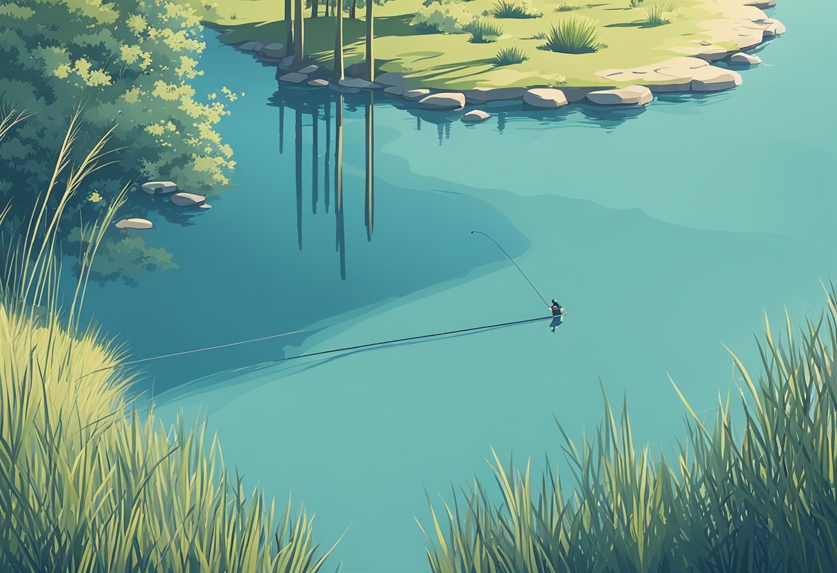 A serene lake with a lone fishing pole resting on the shore, surrounded by tall grass and a clear blue sky