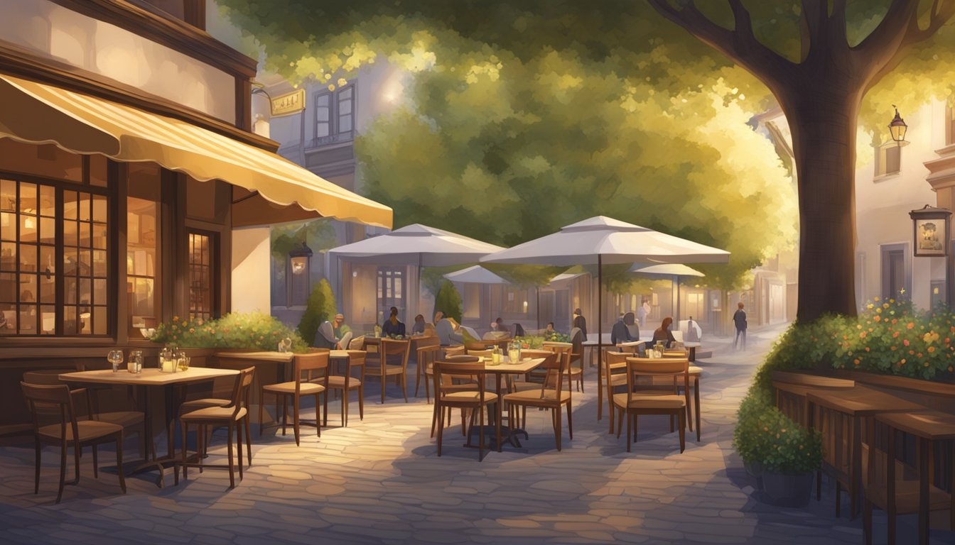 A cozy restaurant under a linden tree with outdoor seating, soft lighting, and a charming atmosphere
